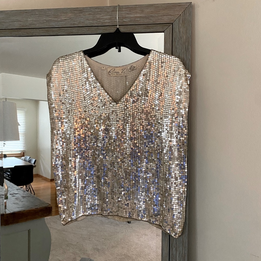 Rina Z., L, vintage pure silk silver / rose gold sequin crop sleeveless top EUC!